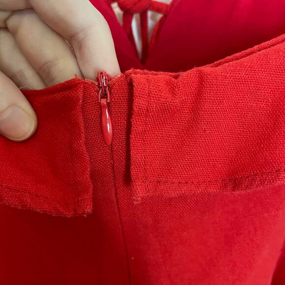 All In Favor Red Mini Dress M Womens Sleeveles V Neck Tie Detail Linen Ruffle - Picture 5 of 7